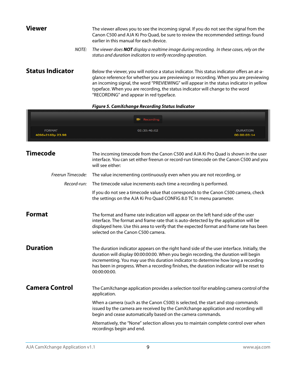 Viewer, Status indicator, Timecode | Freerun timecode, Record-run, Format, Duration, Camera control | AJA CamXchange User Manual | Page 9 / 16