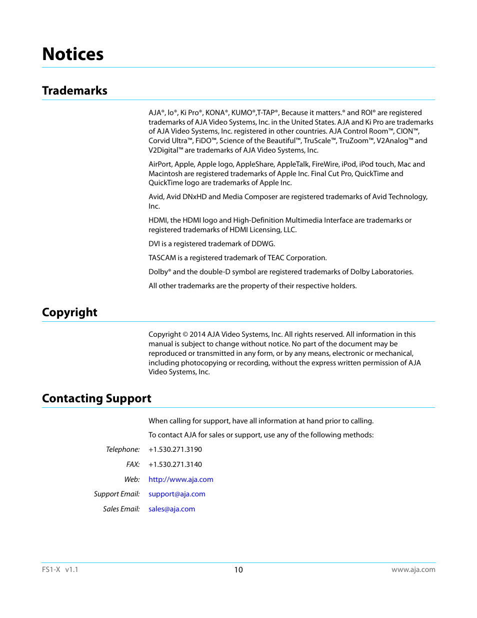 Notices, Trademarks, Copyright | Contacting support, Trademarks copyright contacting support | AJA FS1-X Manual User Manual | Page 10 / 137