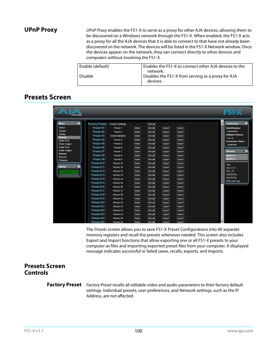Upnp proxy, Presets screen, Presets screen controls | Factory preset | AJA FS1-X Manual User Manual | Page 100 / 137