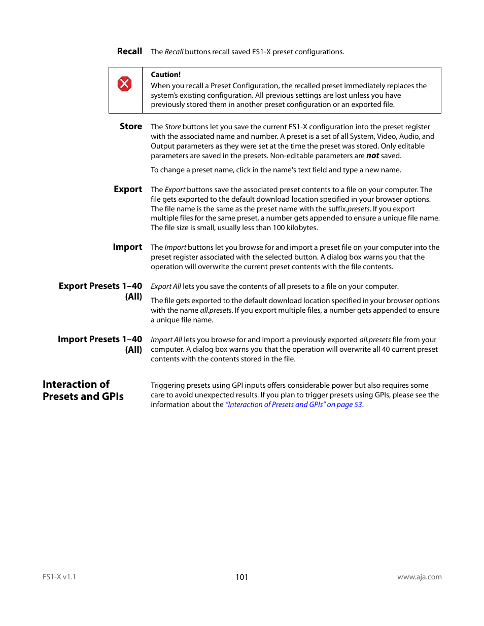 Recall, Store, Export | Import, Export presets 1–40 (all), Import presets 1–40 (all), Interaction of presets and gpis | AJA FS1-X Manual User Manual | Page 101 / 137