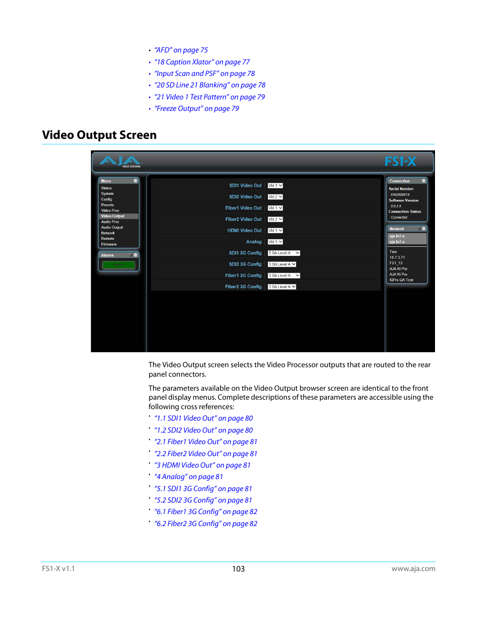Video output screen | AJA FS1-X Manual User Manual | Page 103 / 137