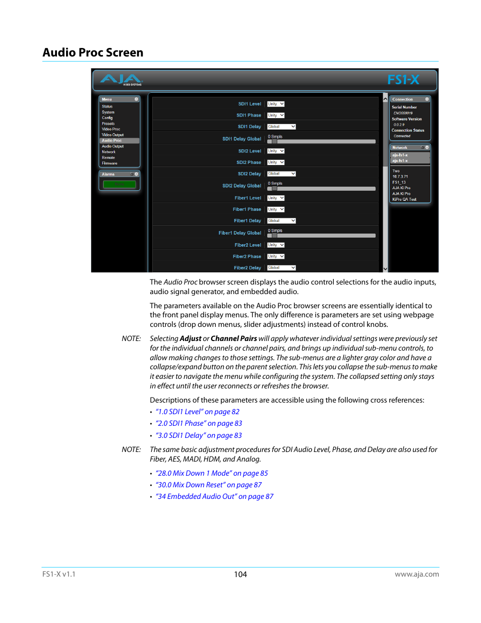 Audio proc screen | AJA FS1-X Manual User Manual | Page 104 / 137