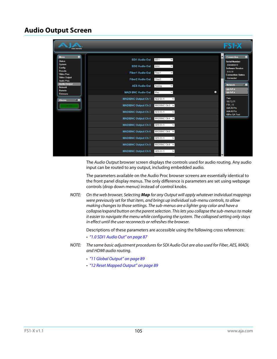 Audio output screen | AJA FS1-X Manual User Manual | Page 105 / 137