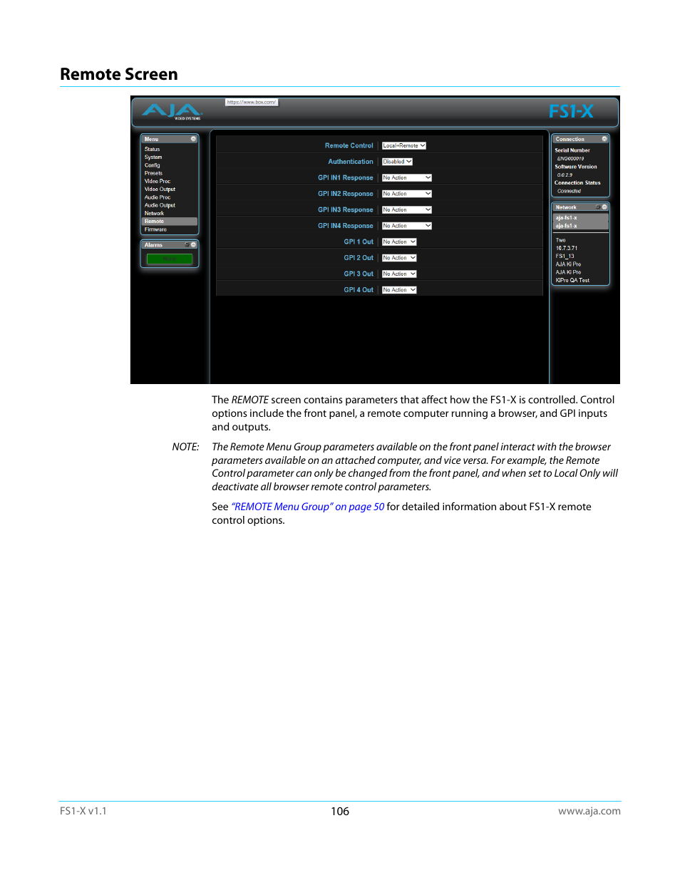 Remote screen | AJA FS1-X Manual User Manual | Page 106 / 137