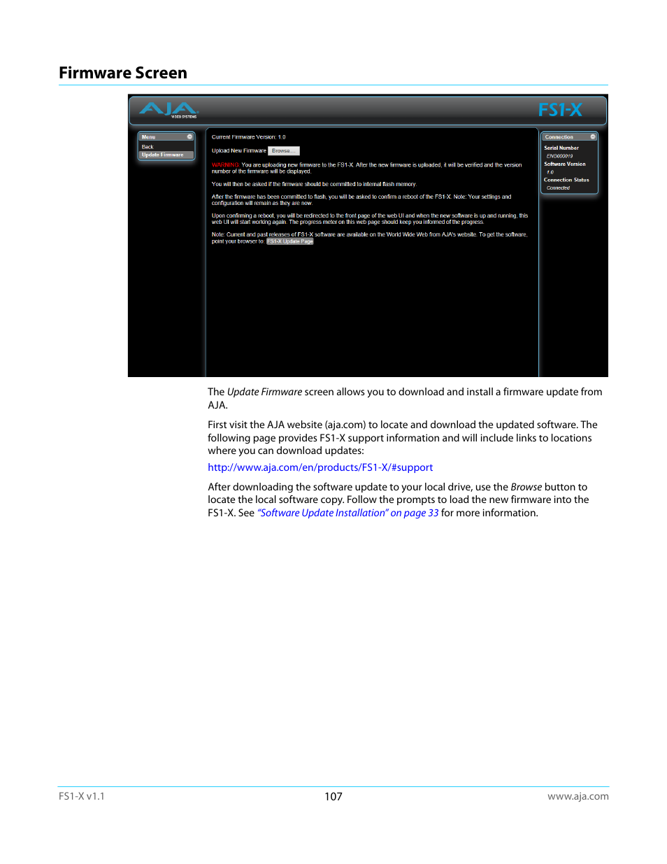 Firmware screen | AJA FS1-X Manual User Manual | Page 107 / 137