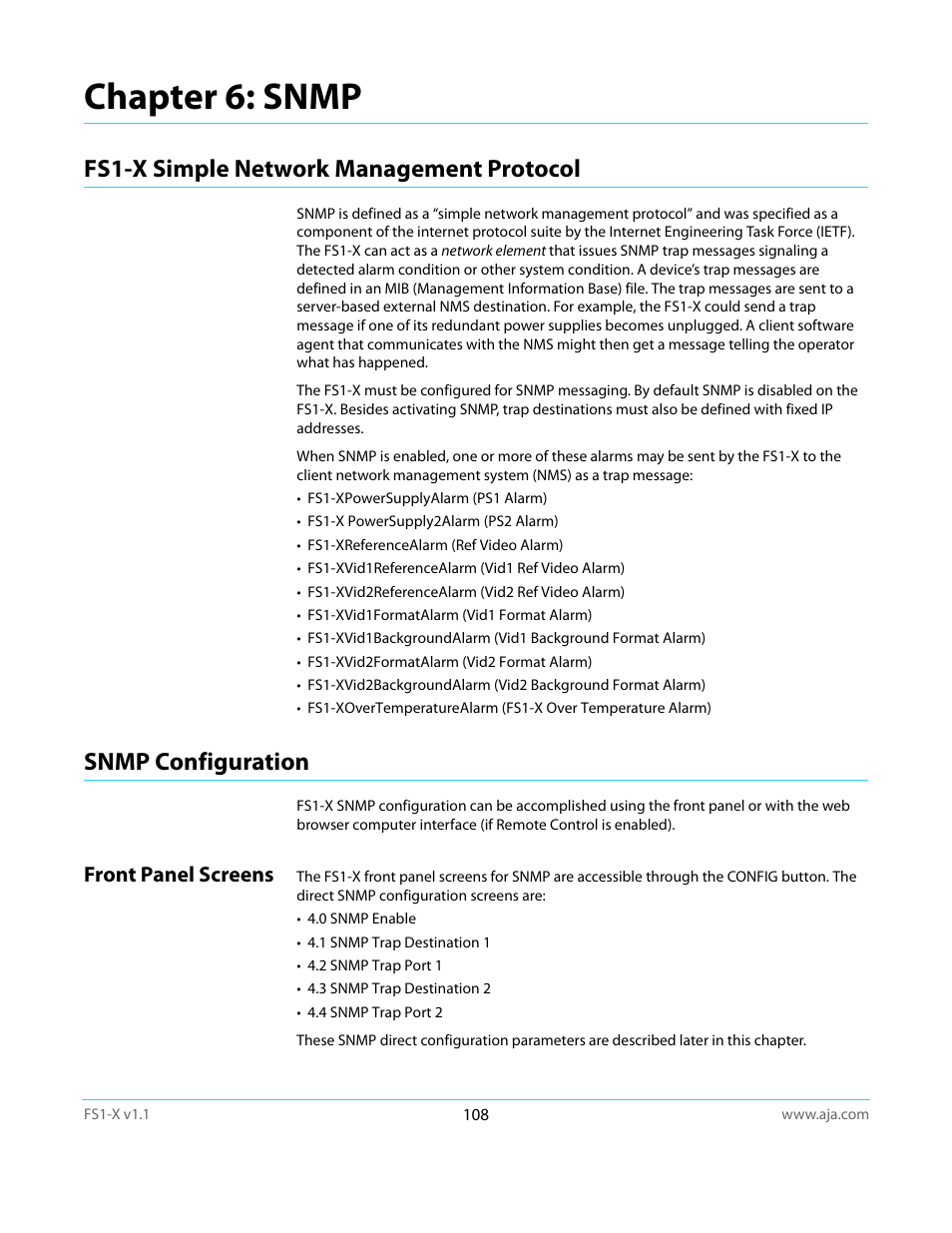 Chapter 6: snmp, Fs1-x simple network management protocol, Snmp configuration | Front panel screens | AJA FS1-X Manual User Manual | Page 108 / 137