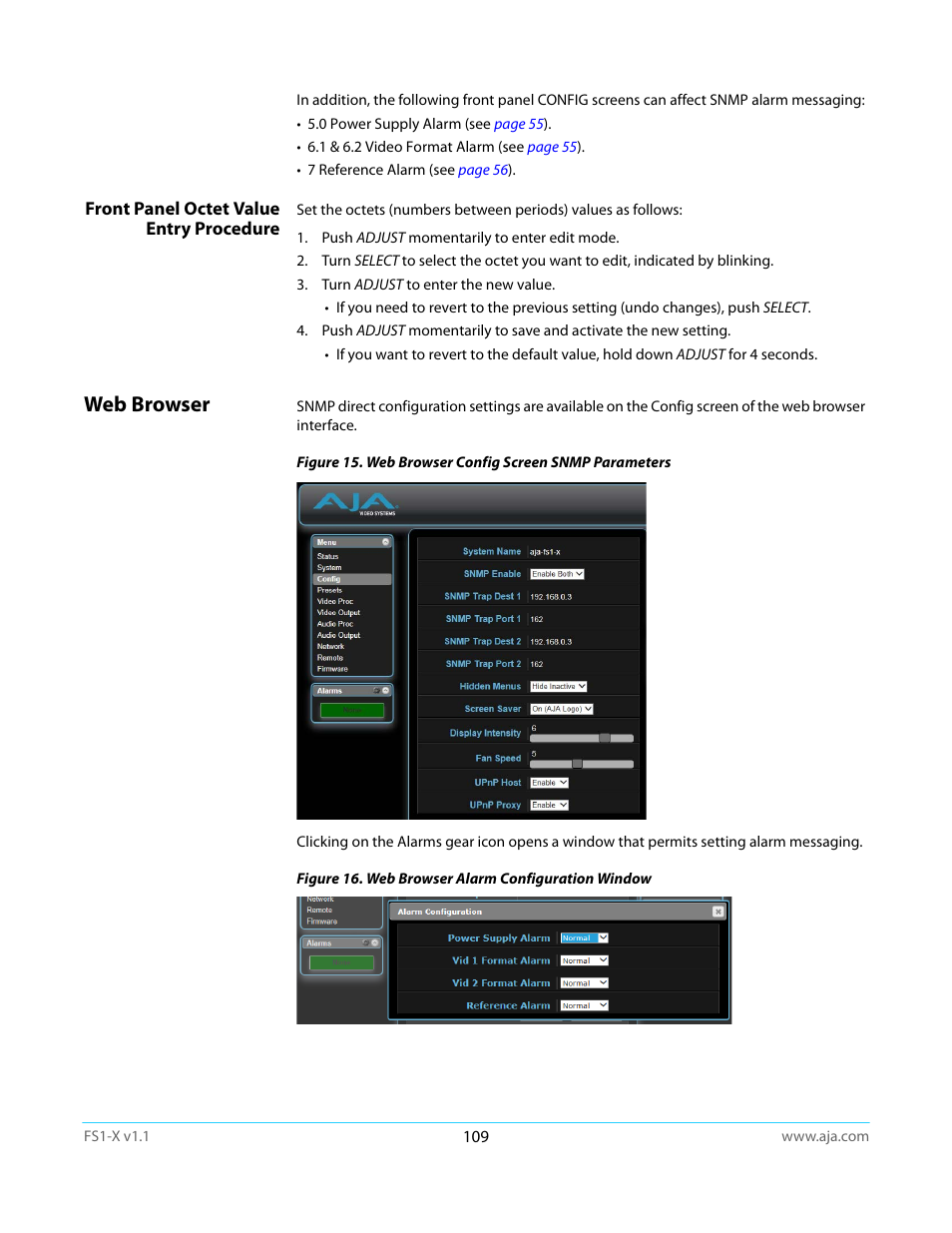 Front panel octet value entry procedure, Web browser | AJA FS1-X Manual User Manual | Page 109 / 137