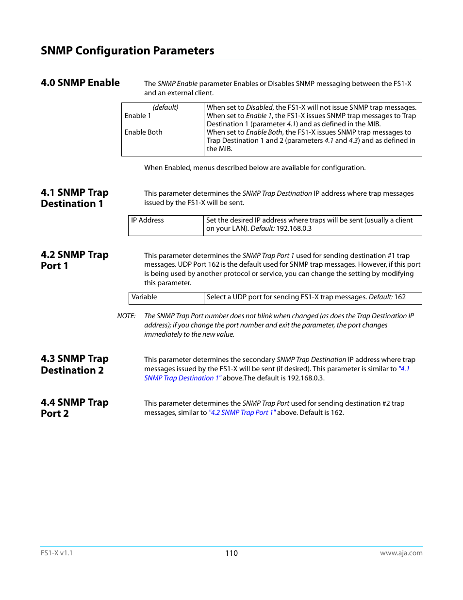 Snmp configuration parameters, 0 snmp enable, 1 snmp trap destination 1 | 2 snmp trap port 1, 3 snmp trap destination 2, 4 snmp trap port 2 | AJA FS1-X Manual User Manual | Page 110 / 137