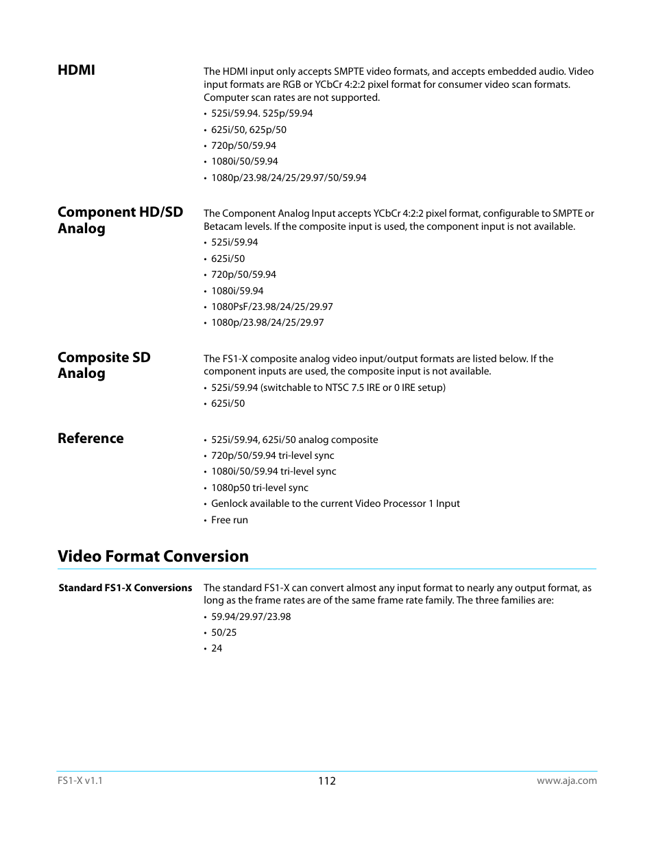 Video format conversion, Hdmi, Component hd/sd analog | Composite sd analog, Reference | AJA FS1-X Manual User Manual | Page 112 / 137