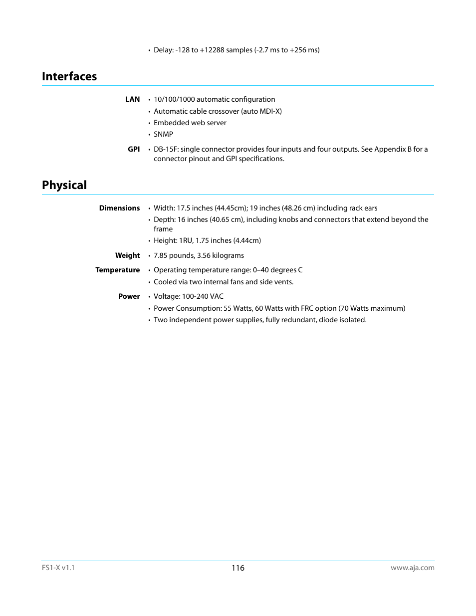 Interfaces, Physical, Interfaces physical | AJA FS1-X Manual User Manual | Page 116 / 137