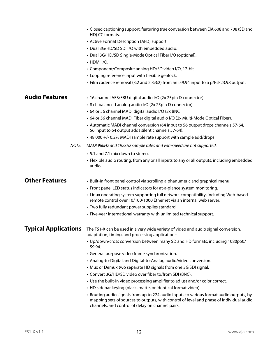 Audio features, Other features, Typical applications | Audio features other features typical applications | AJA FS1-X Manual User Manual | Page 12 / 137