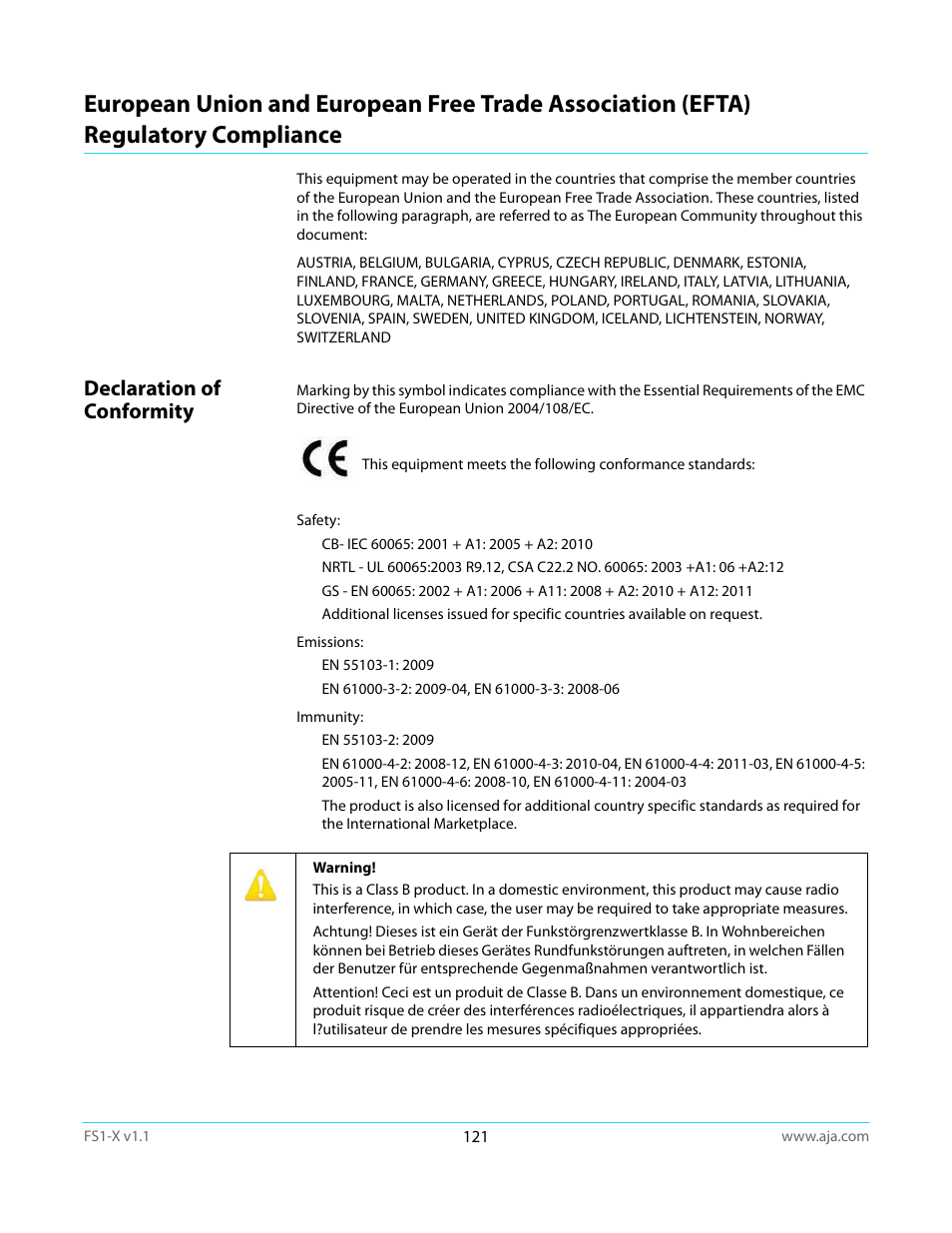 Declaration of conformity, Regulatory compliance | AJA FS1-X Manual User Manual | Page 121 / 137
