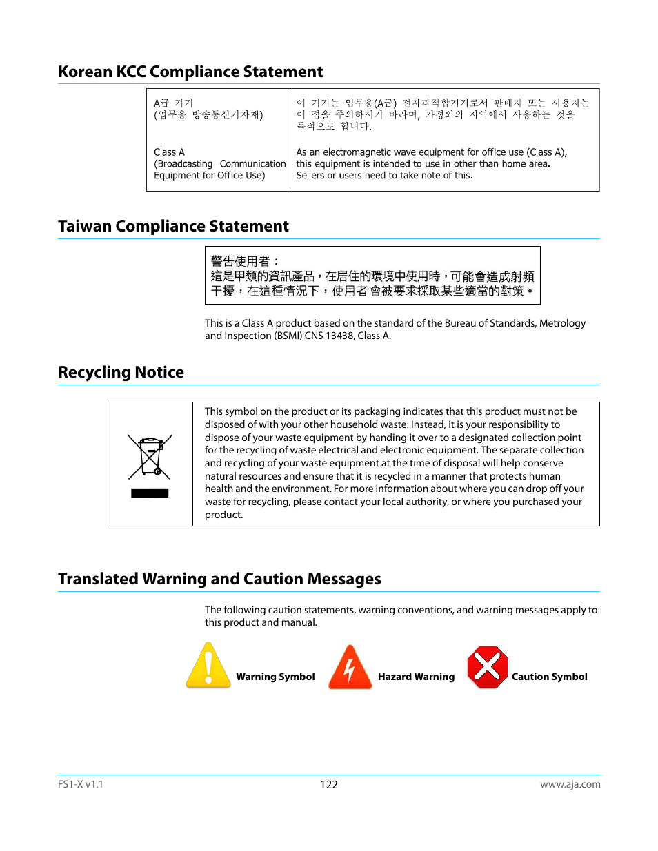 Korean kcc compliance statement, Taiwan compliance statement, Recycling notice | Translated warning and caution messages | AJA FS1-X Manual User Manual | Page 122 / 137