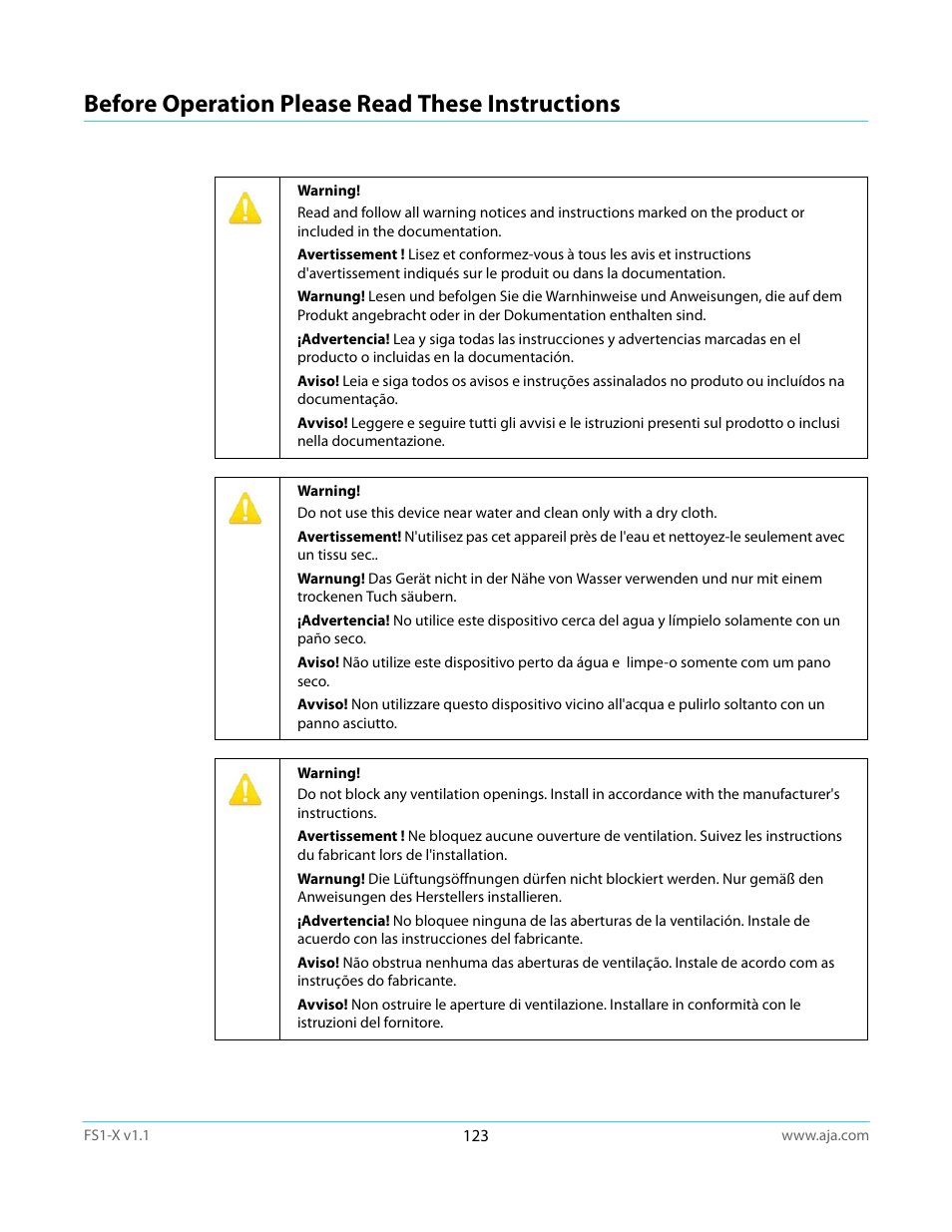 Before operation please read these instructions | AJA FS1-X Manual User Manual | Page 123 / 137