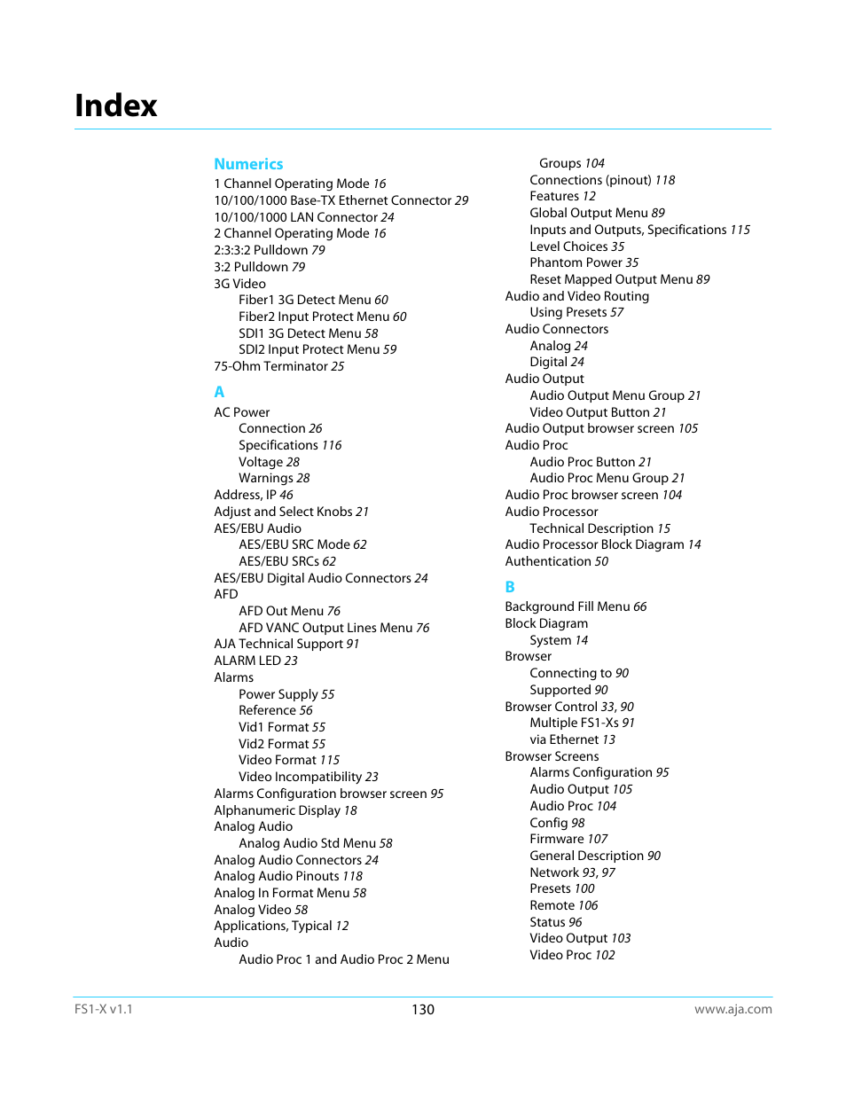 Index | AJA FS1-X Manual User Manual | Page 130 / 137