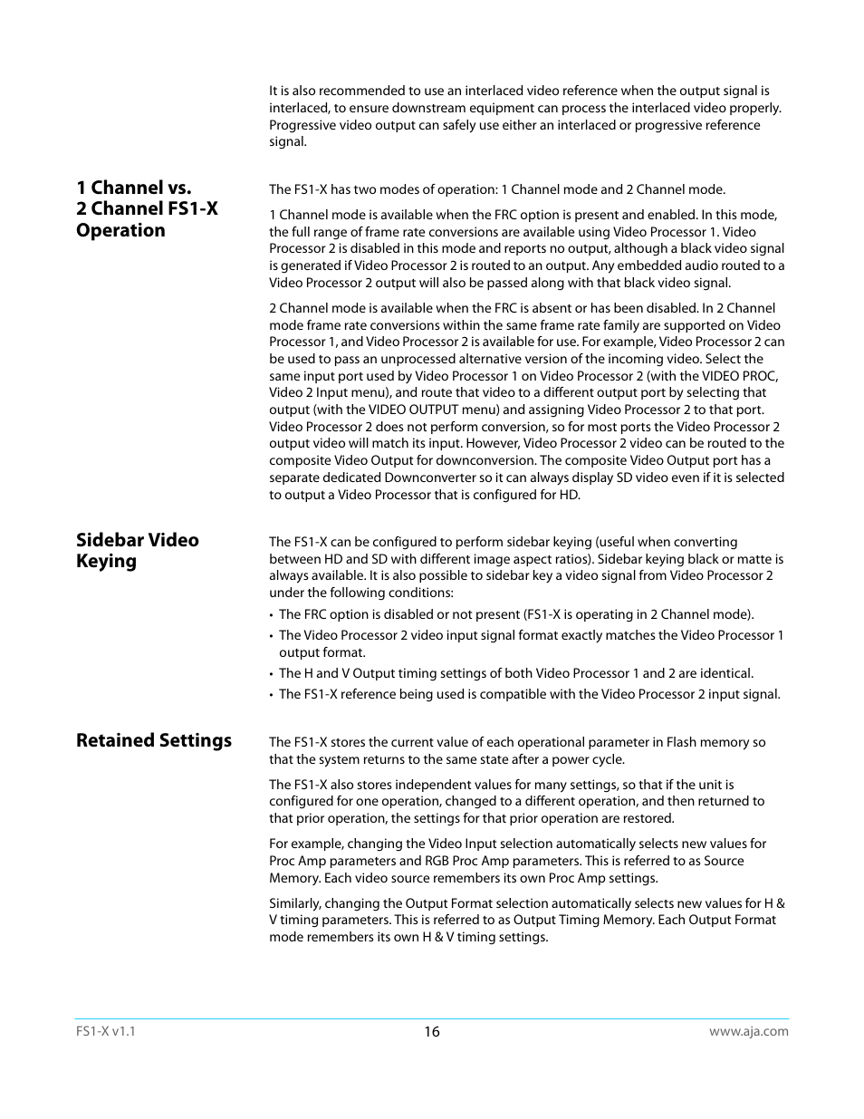 1 channel vs. 2 channel fs1-x operation, Sidebar video keying, Retained settings | AJA FS1-X Manual User Manual | Page 16 / 137
