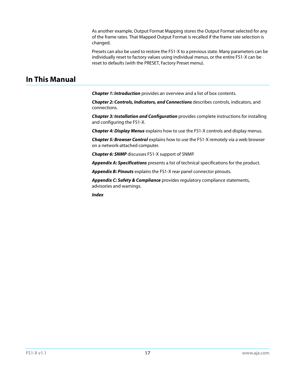 In this manual | AJA FS1-X Manual User Manual | Page 17 / 137
