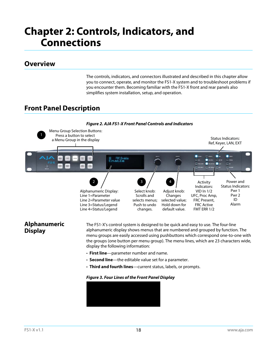 Chapter 2: controls, indicators, and connections, Overview, Front panel description | Alphanumeric display, Overview front panel description | AJA FS1-X Manual User Manual | Page 18 / 137