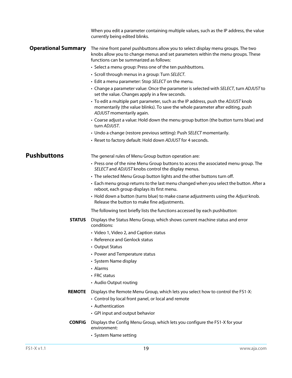 Operational summary, Pushbuttons | AJA FS1-X Manual User Manual | Page 19 / 137