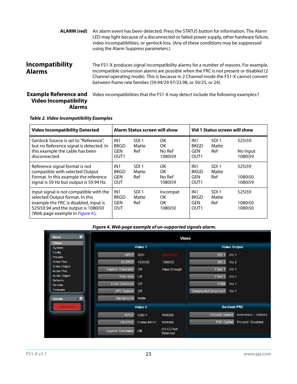 Incompatibility alarms, Example reference and video incompatibility alarms | AJA FS1-X Manual User Manual | Page 23 / 137