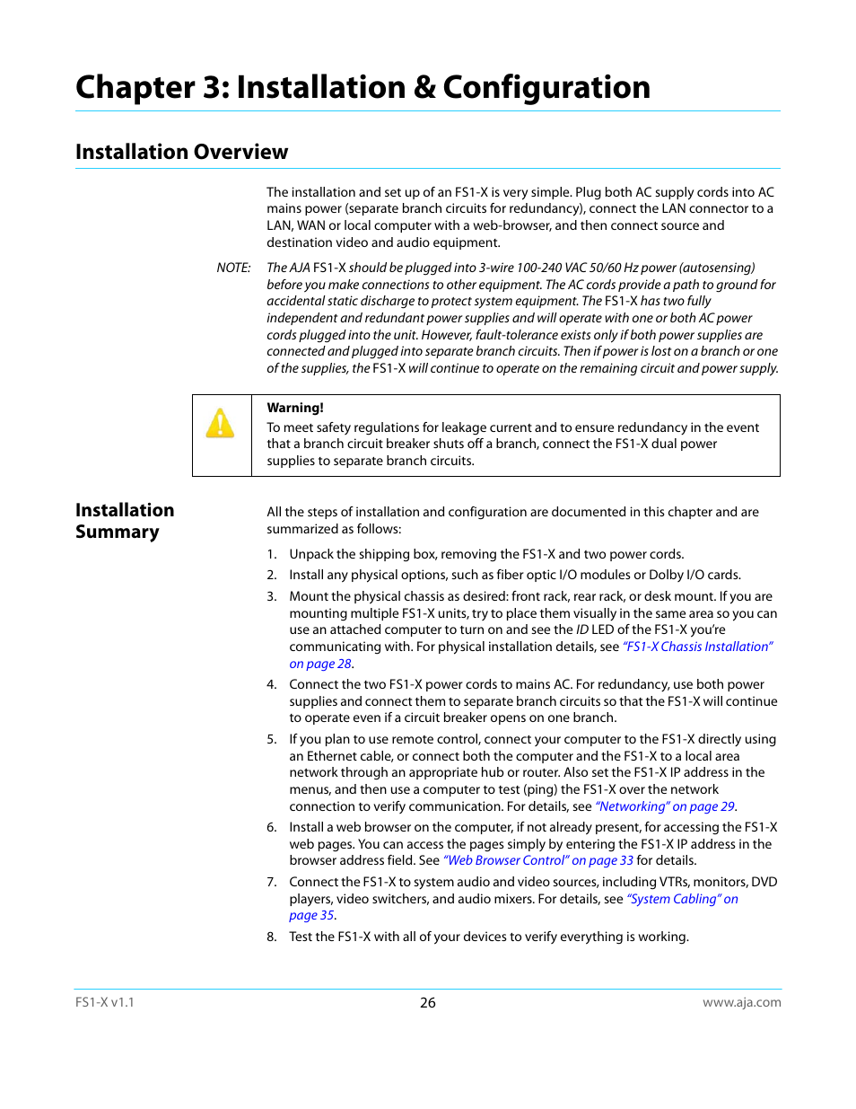 Chapter 3: installation & configuration, Installation overview, Installation summary | AJA FS1-X Manual User Manual | Page 26 / 137