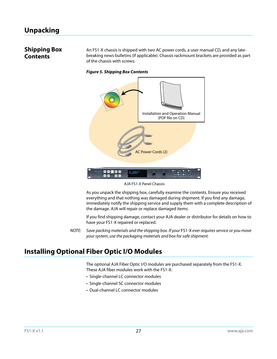 Unpacking, Shipping box contents, Installing optional fiber optic i/o modules | AJA FS1-X Manual User Manual | Page 27 / 137