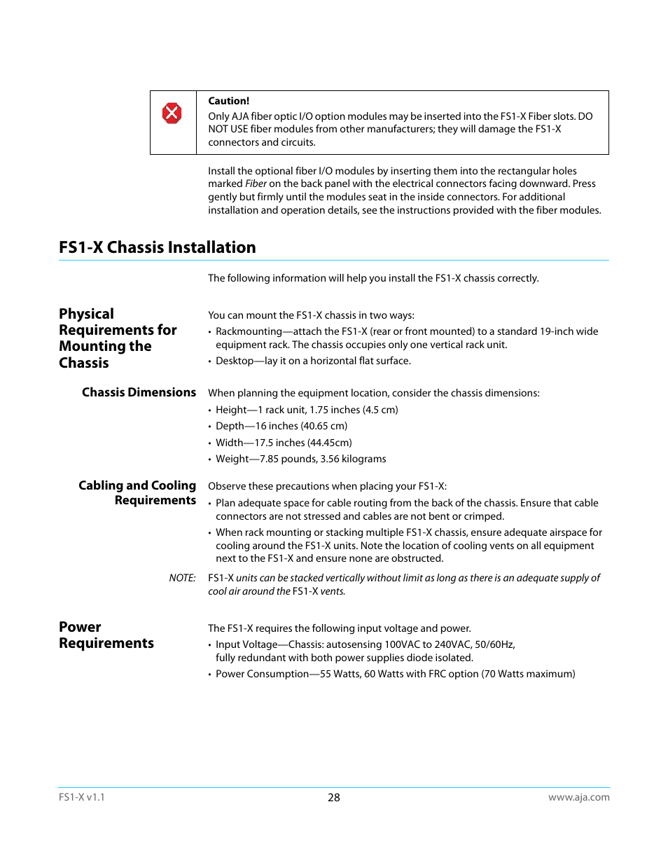 Fs1-x chassis installation, Physical requirements for mounting the chassis, Chassis dimensions | Cabling and cooling requirements, Power requirements | AJA FS1-X Manual User Manual | Page 28 / 137