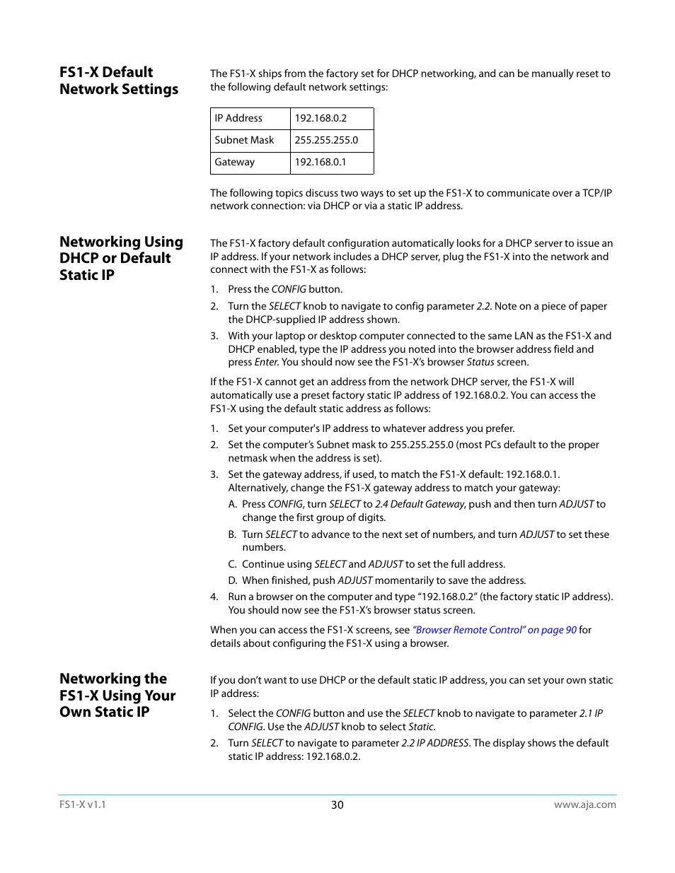 Fs1-x default network settings, Networking using dhcp or default static ip, Networking the fs1-x using your own static ip | AJA FS1-X Manual User Manual | Page 30 / 137