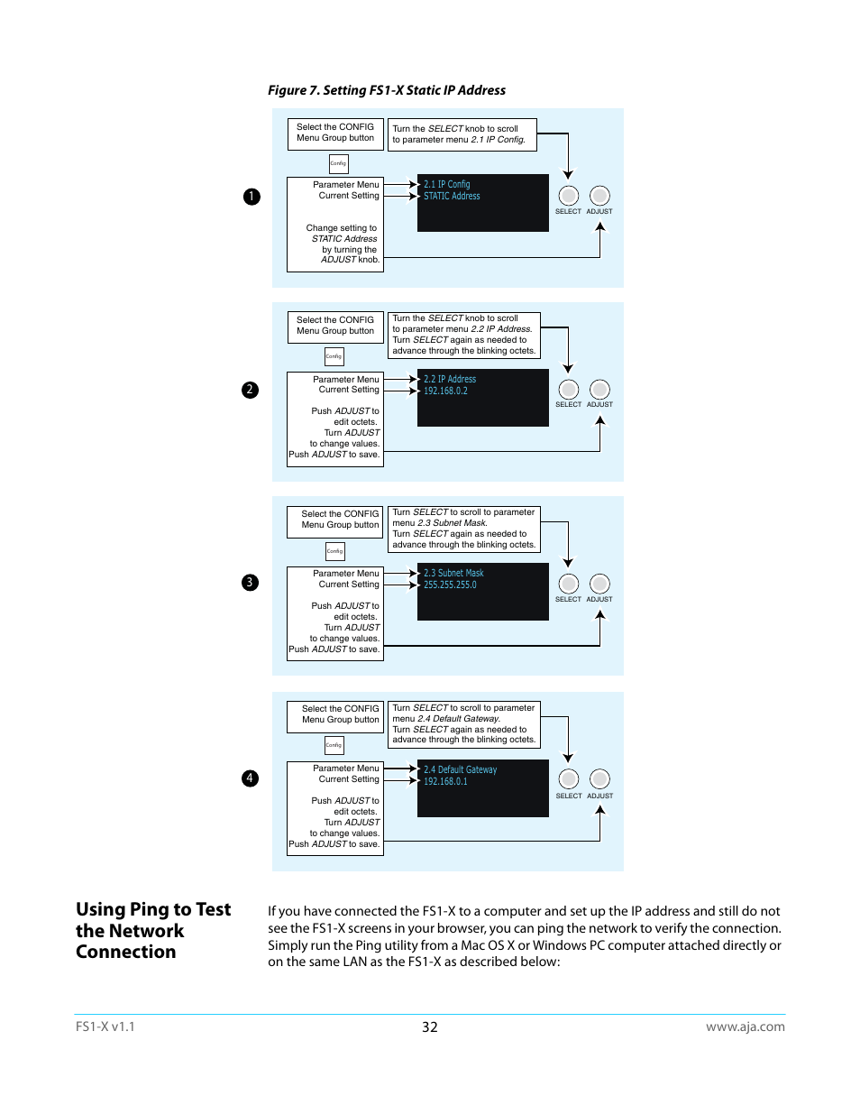 Using ping to test the network connection, Figure 7. setting fs1-x static ip address | AJA FS1-X Manual User Manual | Page 32 / 137