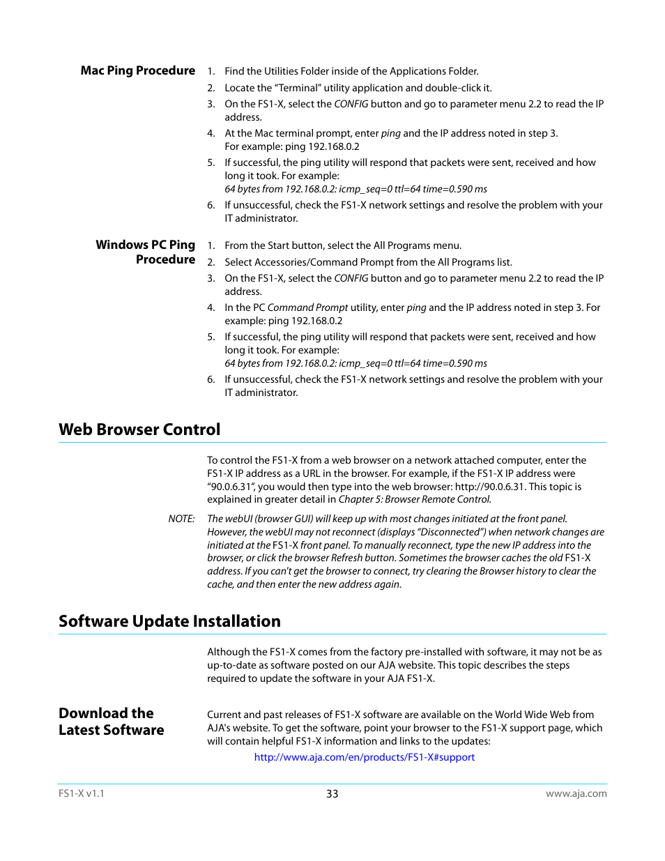 Mac ping procedure, Windows pc ping procedure, Web browser control | Software update installation, Download the latest software, Mac ping procedure windows pc ping procedure, Web browser control software update installation | AJA FS1-X Manual User Manual | Page 33 / 137