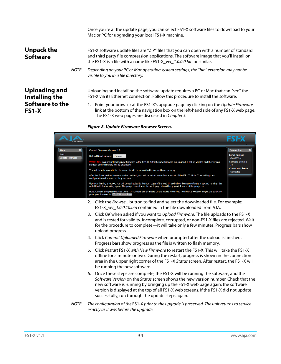 Unpack the software, Uploading and installing the software to the fs1-x | AJA FS1-X Manual User Manual | Page 34 / 137