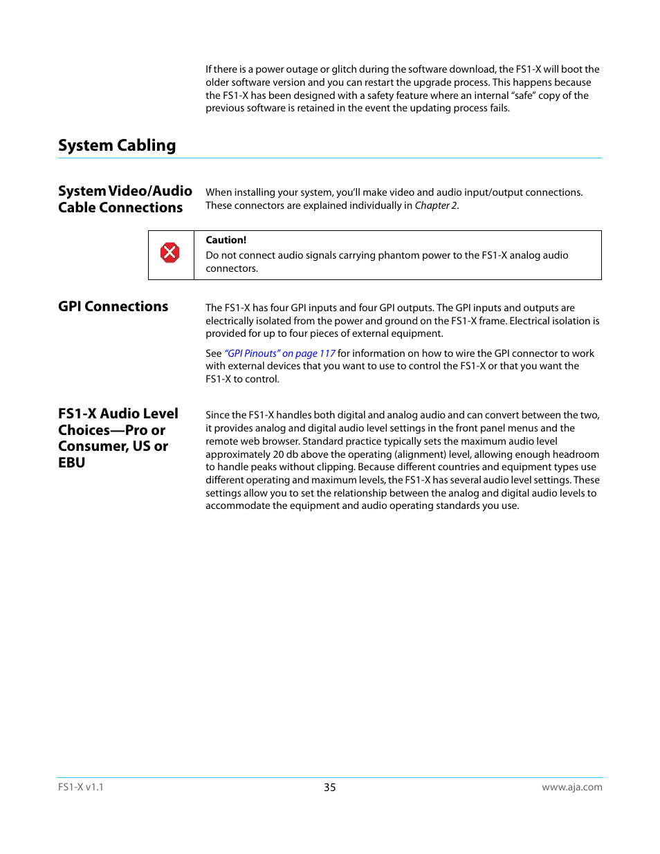 System cabling, System video/audio cable connections, Gpi connections | System cabling” on | AJA FS1-X Manual User Manual | Page 35 / 137