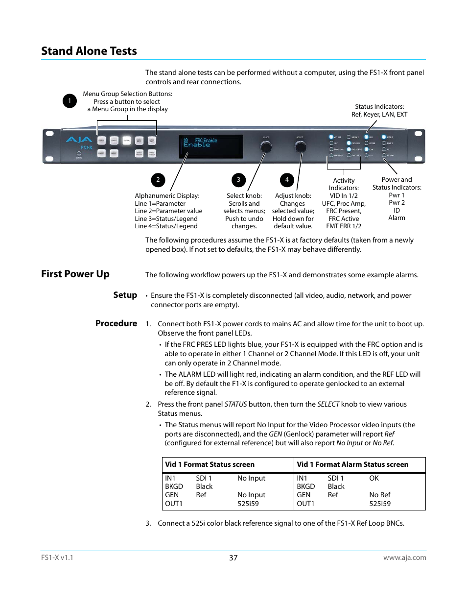 Stand alone tests, First power up, Setup | Procedure, Setup procedure | AJA FS1-X Manual User Manual | Page 37 / 137