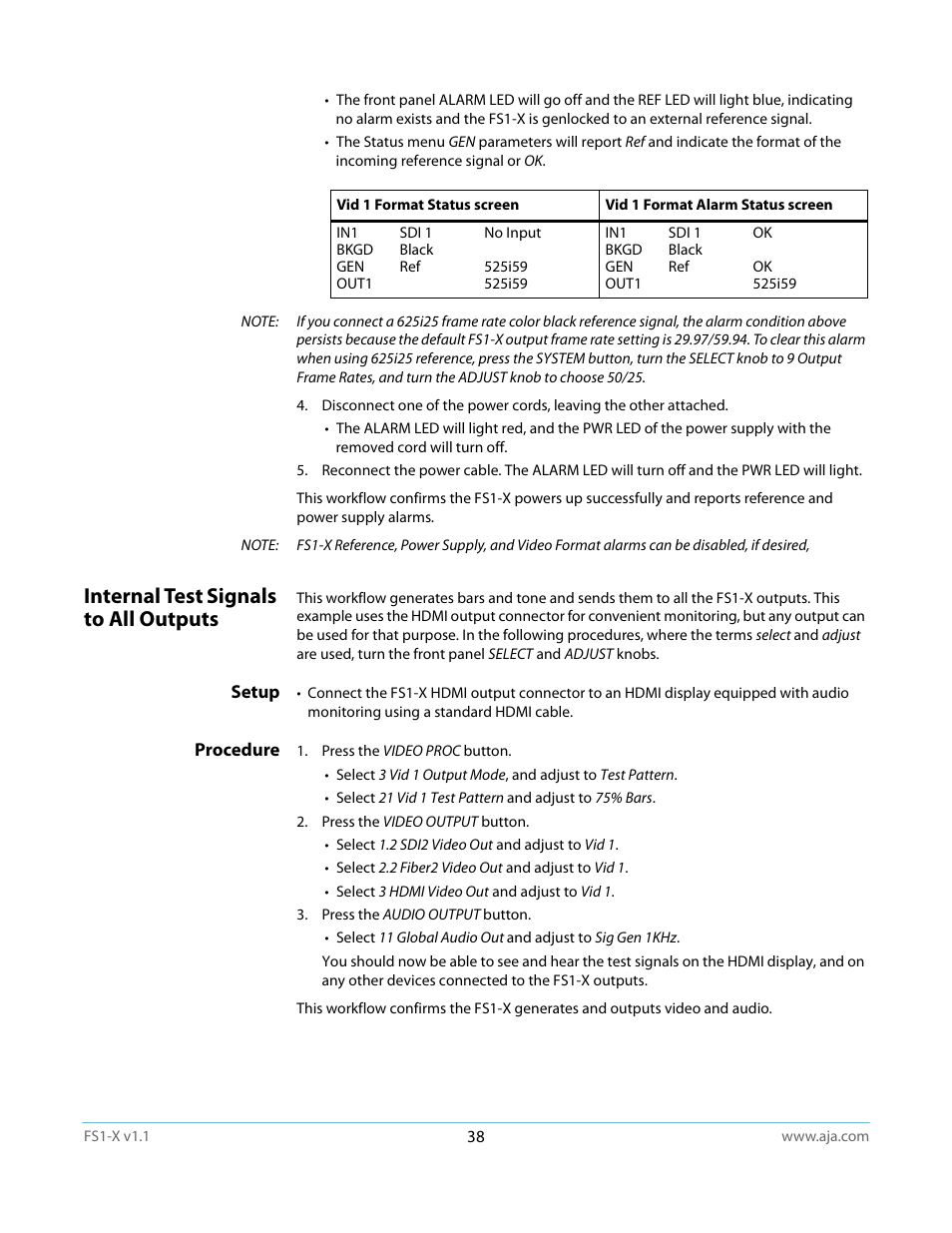 Internal test signals to all outputs, Setup, Procedure | Setup procedure | AJA FS1-X Manual User Manual | Page 38 / 137