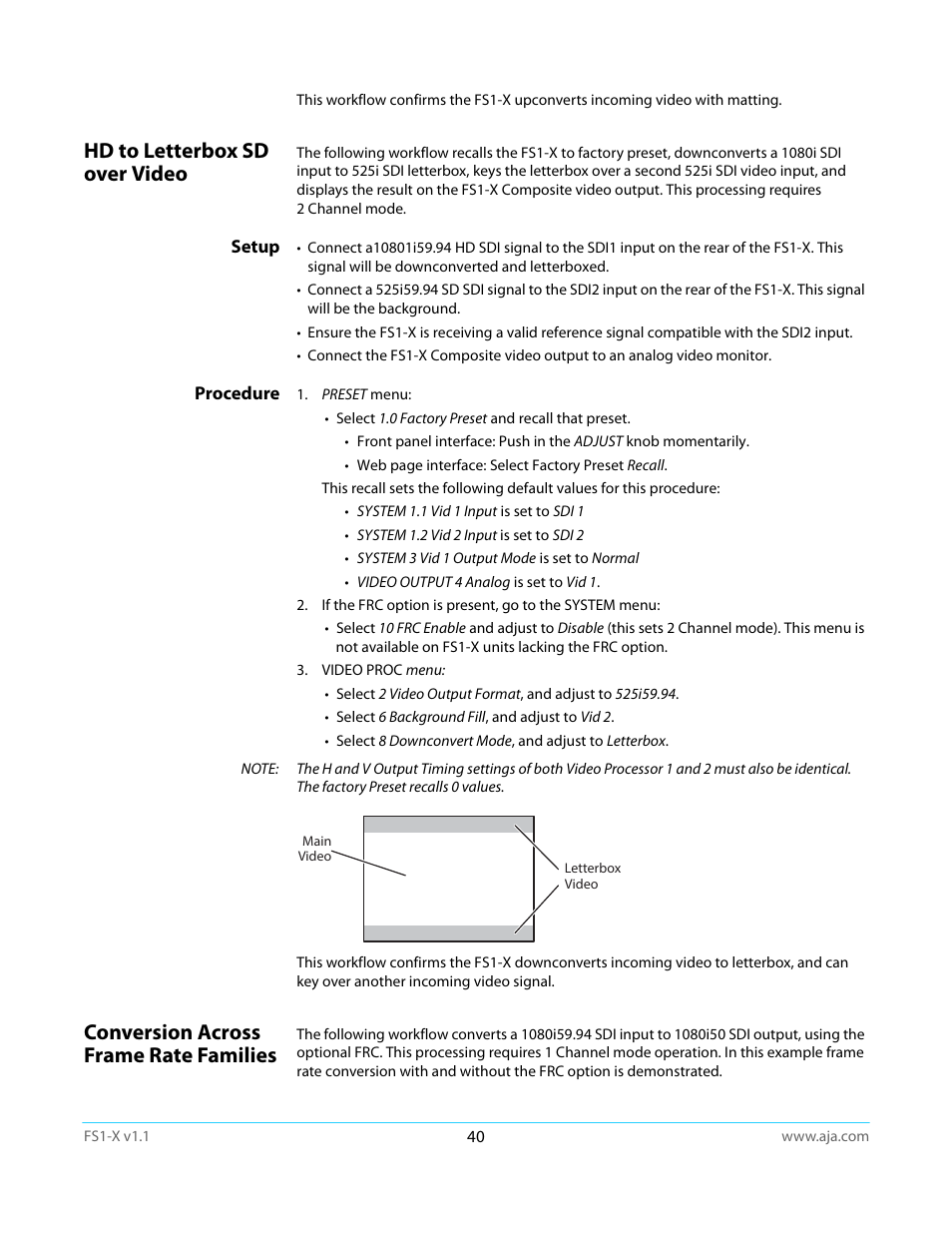 Hd to letterbox sd over video, Setup, Procedure | Conversion across frame rate families, Setup procedure | AJA FS1-X Manual User Manual | Page 40 / 137