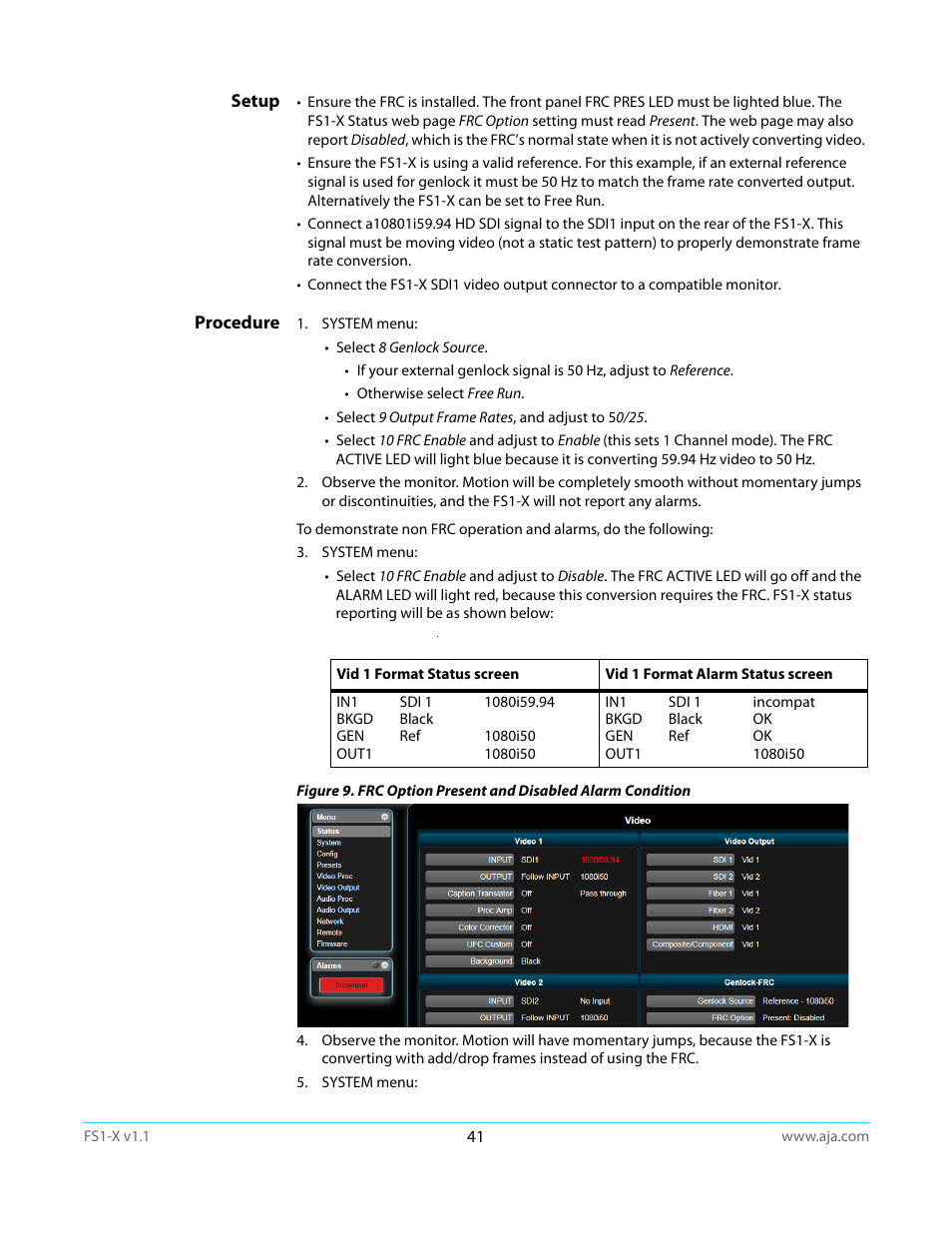 Setup, Procedure, Setup procedure | AJA FS1-X Manual User Manual | Page 41 / 137