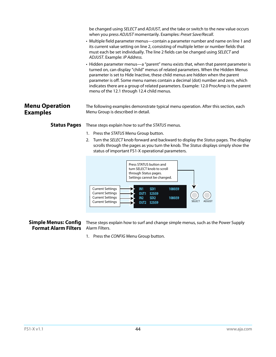 Menu operation examples, Simple menus: config format alarm filters | AJA FS1-X Manual User Manual | Page 44 / 137