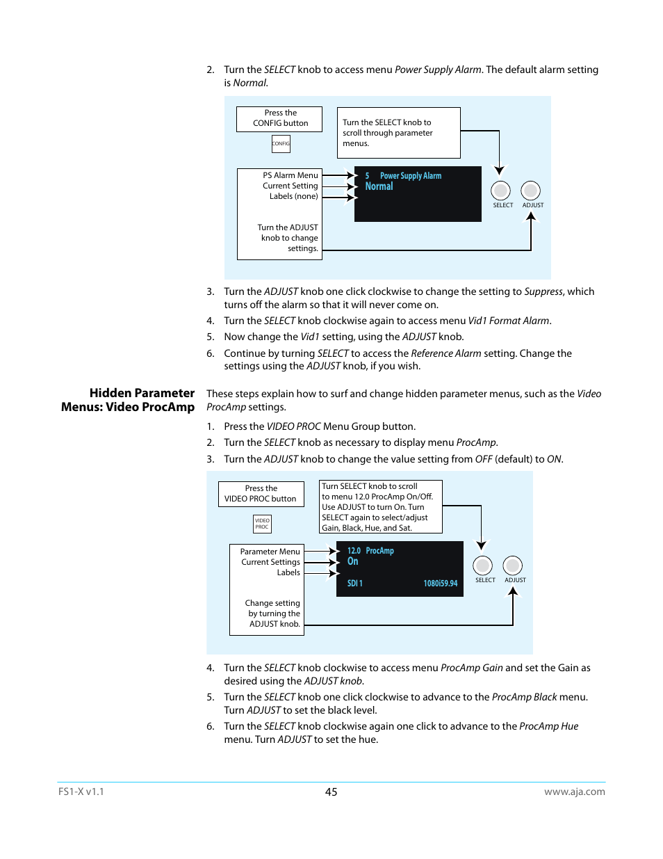 Hidden parameter menus: video procamp, Normal | AJA FS1-X Manual User Manual | Page 45 / 137