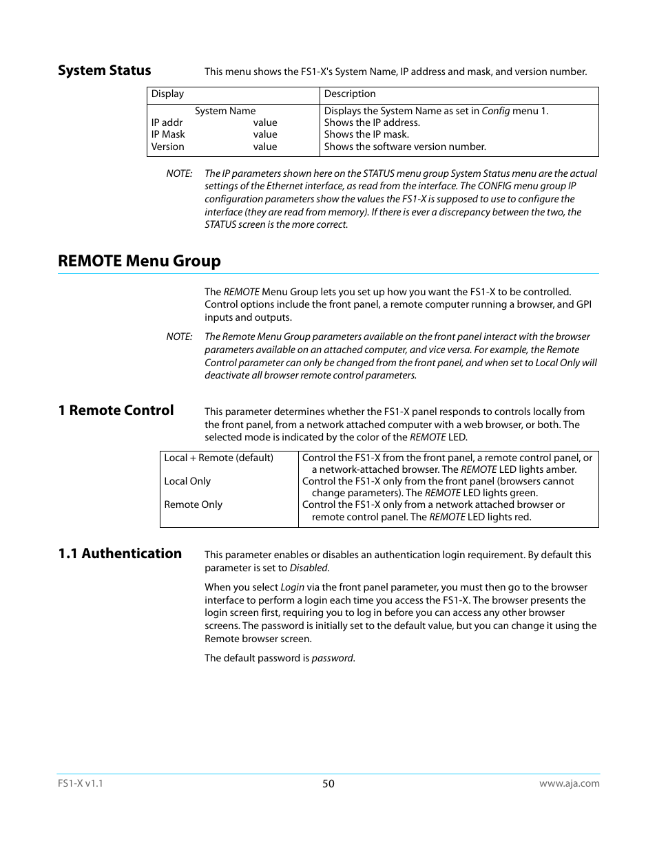 System status, Remote menu group, 1 remote control | 1 authentication, 1 remote control 1.1 authentication | AJA FS1-X Manual User Manual | Page 50 / 137