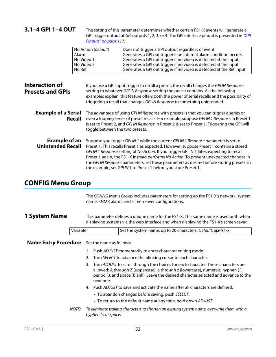 1–4 gpi 1–4 out, Interaction of presets and gpis, Example of a serial recall | Example of an unintended recall, Config menu group, 1 system name, Name entry procedure, 1–4 gpi 1–4 out interaction of presets and gpis | AJA FS1-X Manual User Manual | Page 53 / 137