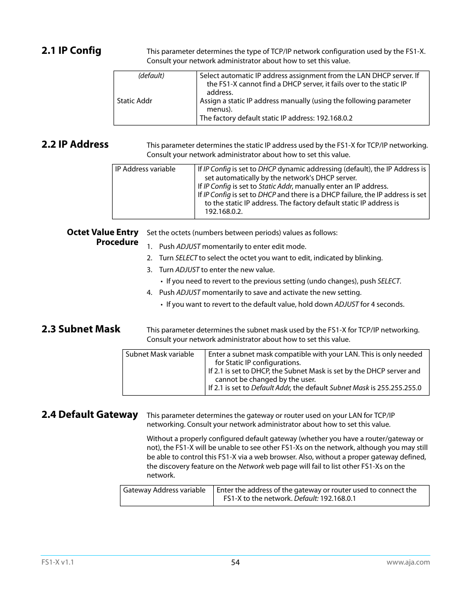 1 ip config, 2 ip address, Octet value entry procedure | 3 subnet mask, 4 default gateway, 1 ip config 2.2 ip address, 3 subnet mask 2.4 default gateway | AJA FS1-X Manual User Manual | Page 54 / 137