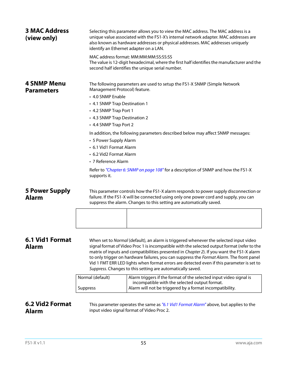 3 mac address (view only), 4 snmp menu parameters, 5 power supply alarm | 1 vid1 format alarm, 2 vid2 format alarm | AJA FS1-X Manual User Manual | Page 55 / 137