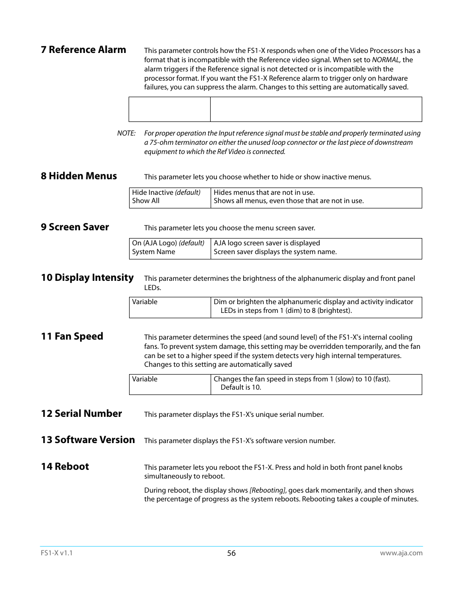 7 reference alarm, 8 hidden menus, 9 screen saver | 10 display intensity, 11 fan speed, 12 serial number, 13 software version, 14 reboot | AJA FS1-X Manual User Manual | Page 56 / 137