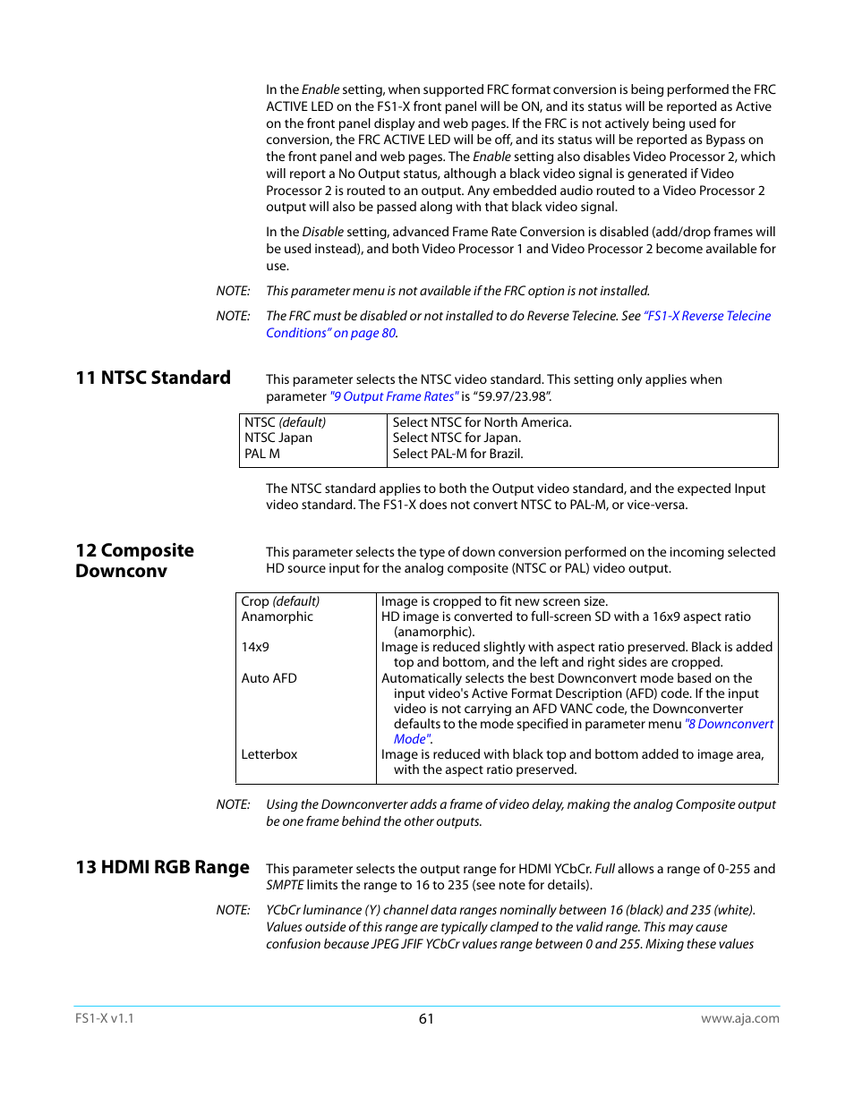 11 ntsc standard, 12 composite downconv, 13 hdmi rgb range | AJA FS1-X Manual User Manual | Page 61 / 137