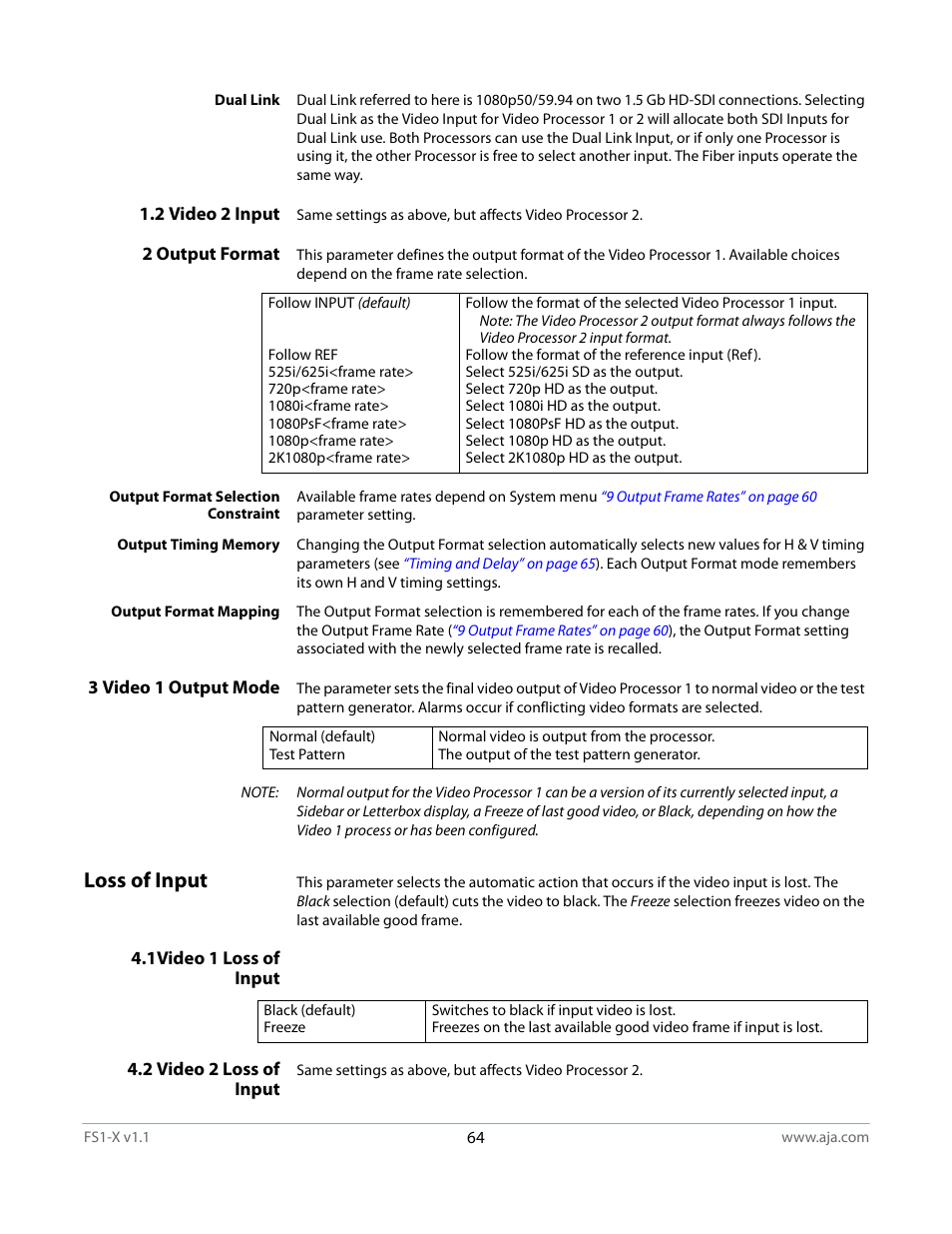 2 video 2 input, 2 output format, 3 video 1 output mode | Loss of input, 1video 1 loss of input, 2 video 2 loss of input, 1video 1 loss of input 4.2 video 2 loss of input, Lue for | AJA FS1-X Manual User Manual | Page 64 / 137