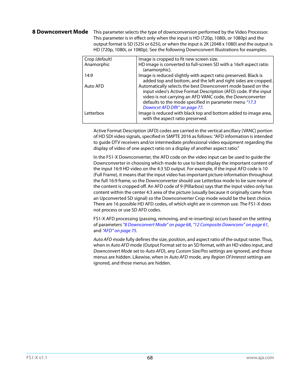 8 downconvert mode, 8 downconvert, Mode | AJA FS1-X Manual User Manual | Page 68 / 137