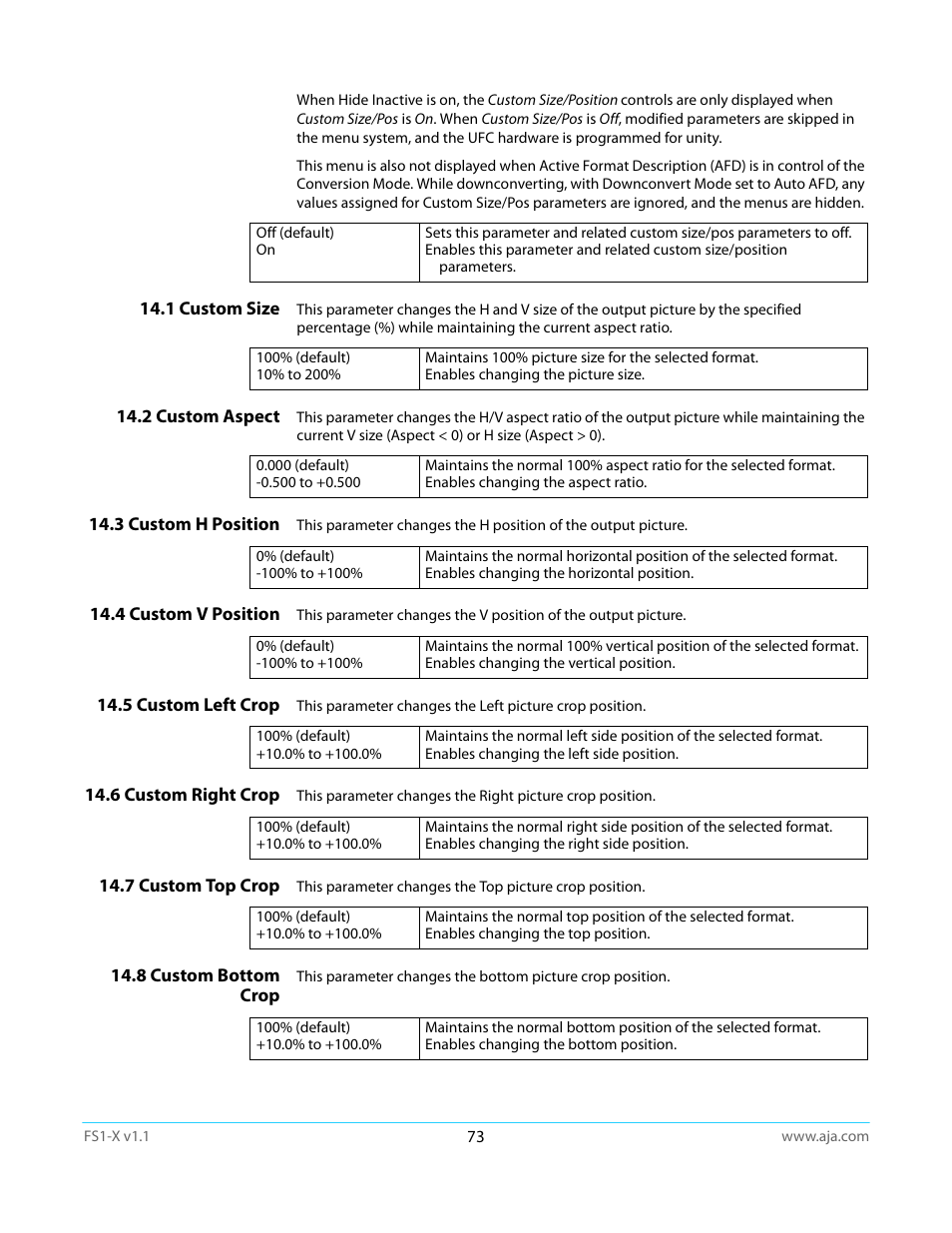 1 custom size, 2 custom aspect, 3 custom h position | 4 custom v position, 5 custom left crop, 6 custom right crop, 7 custom top crop, 8 custom bottom crop | AJA FS1-X Manual User Manual | Page 73 / 137