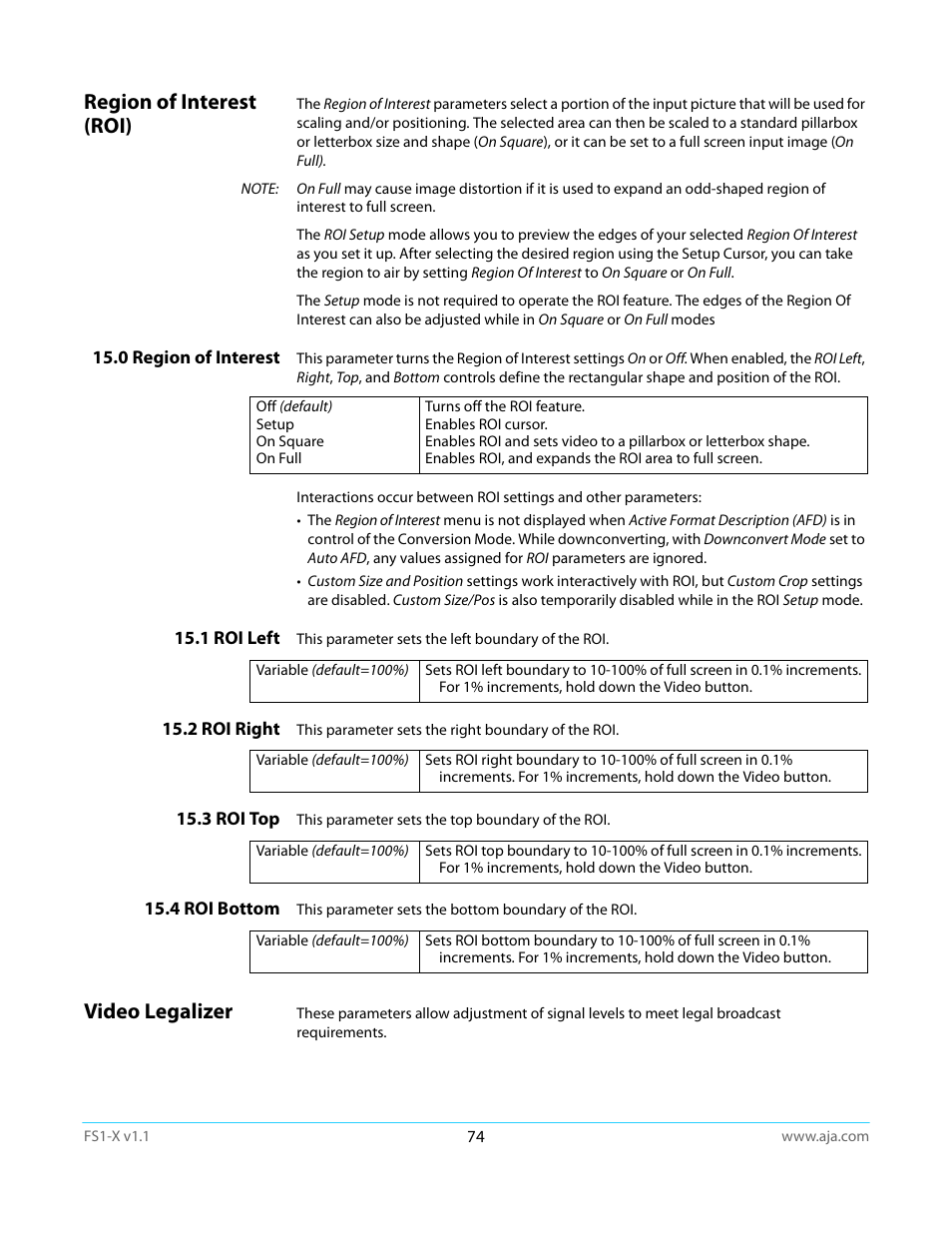 Region of interest (roi), 0 region of interest, 1 roi left | 2 roi right, 3 roi top, 4 roi bottom, Video legalizer | AJA FS1-X Manual User Manual | Page 74 / 137