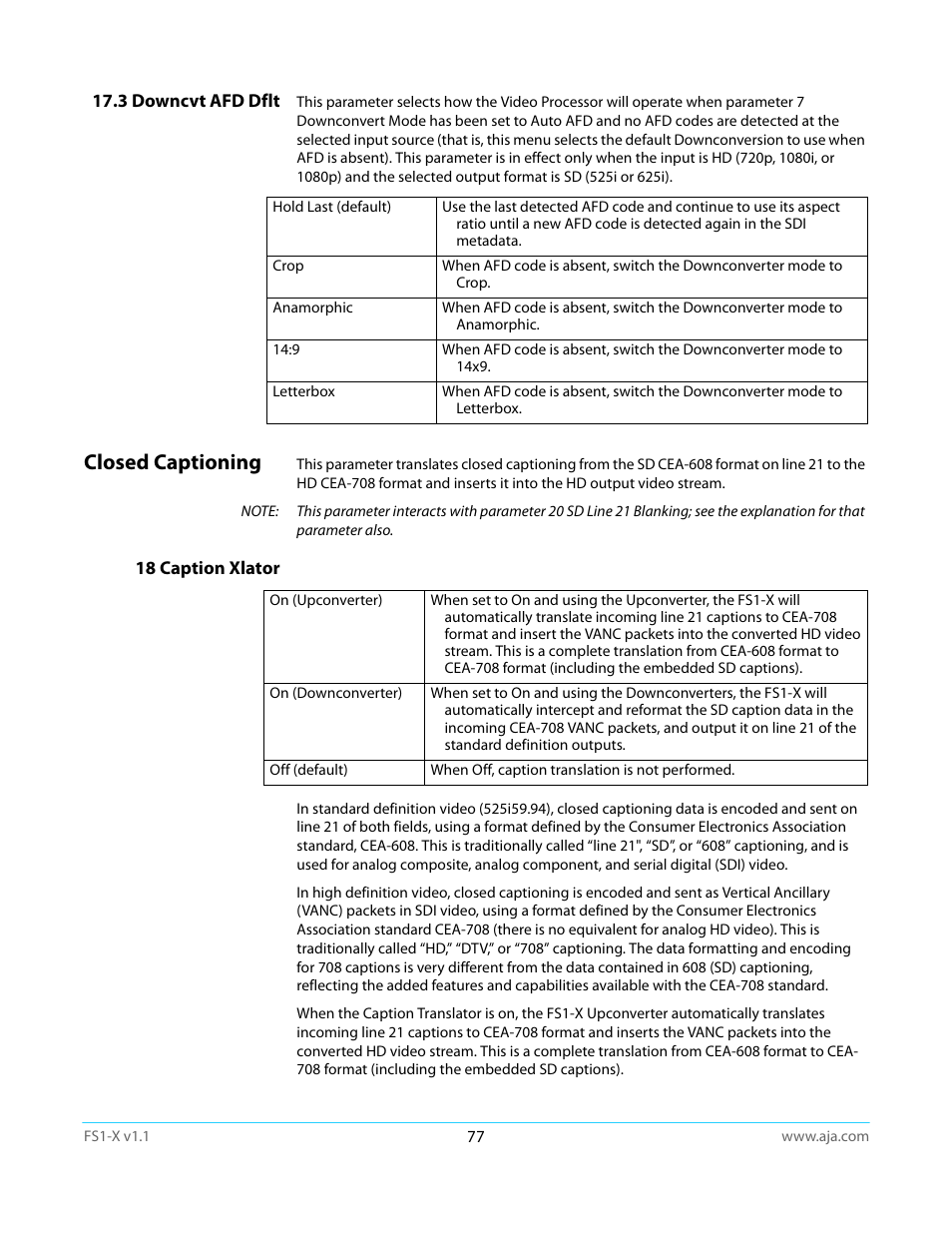 3 downcvt afd dflt, Closed captioning, 18 caption xlator | R menu | AJA FS1-X Manual User Manual | Page 77 / 137