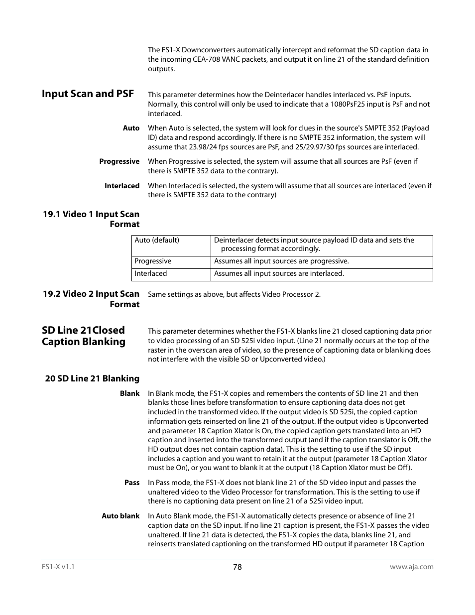 Input scan and psf, 1 video 1 input scan format, 2 video 2 input scan format | Sd line 21closed caption blanking, 20 sd line 21 blanking | AJA FS1-X Manual User Manual | Page 78 / 137